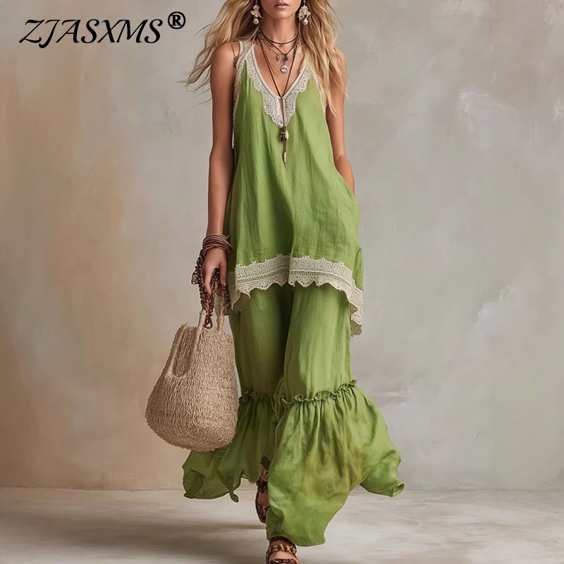 Wide Leg Palazzo Pants - 여성 레이스 트림 투피스 세트 V넥