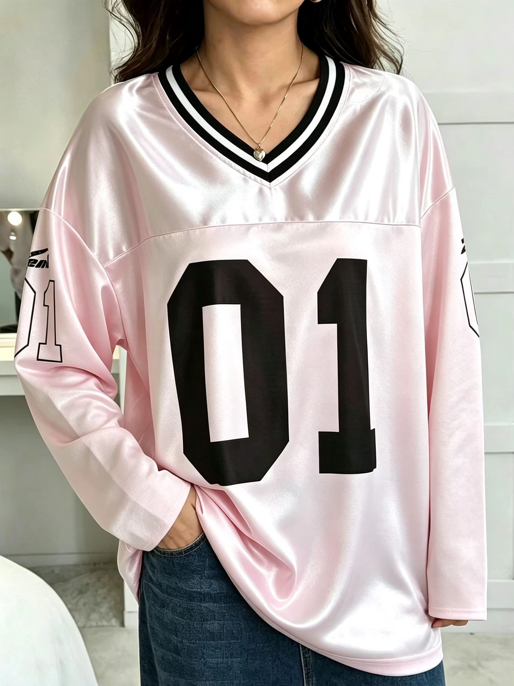 Women'S Fashion Trends - 남녀공용 빈티지 긴소매 오버사이즈 01 넘버
