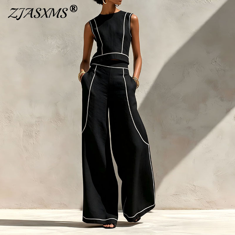 Wide Leg Palazzo Pants - 빈티지 스트라이프 프린트 투피스 수트 여성