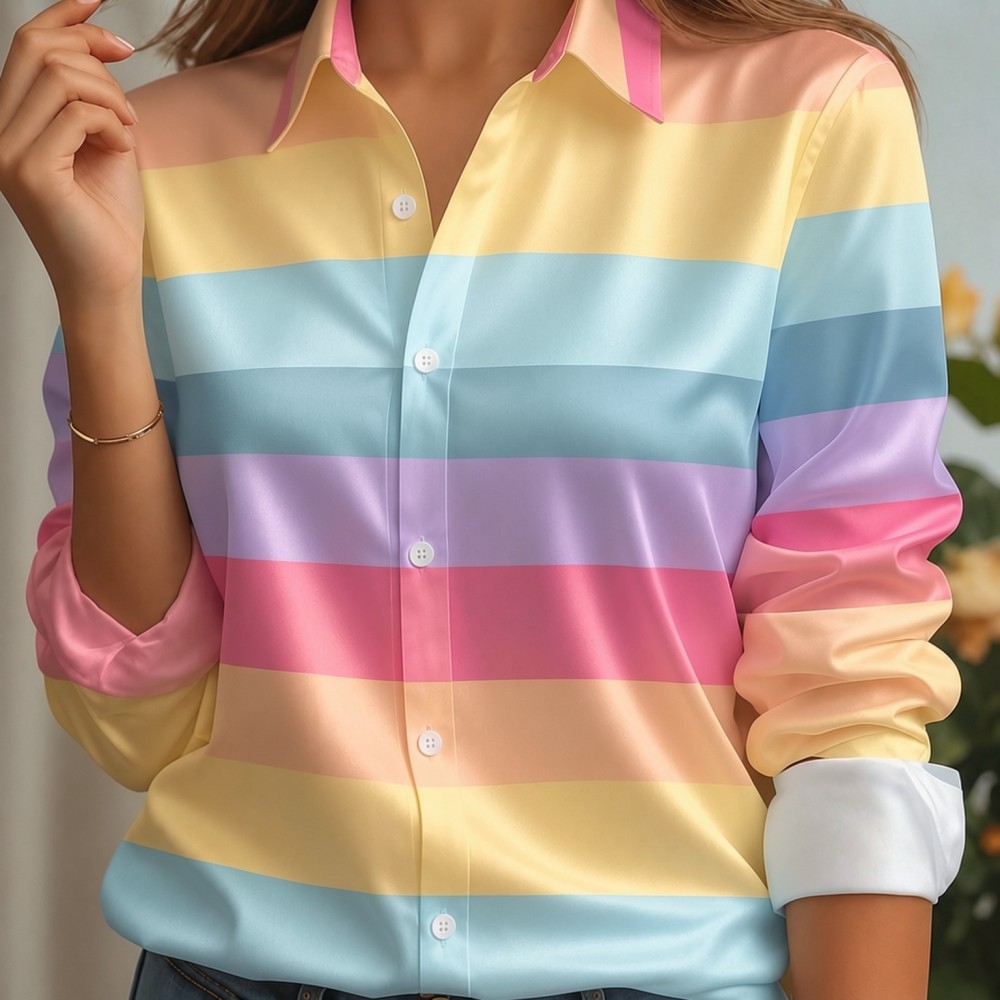 Women'S Fashion Trends - 여성용 새틴 라펠 칼라 셔츠 파스텔