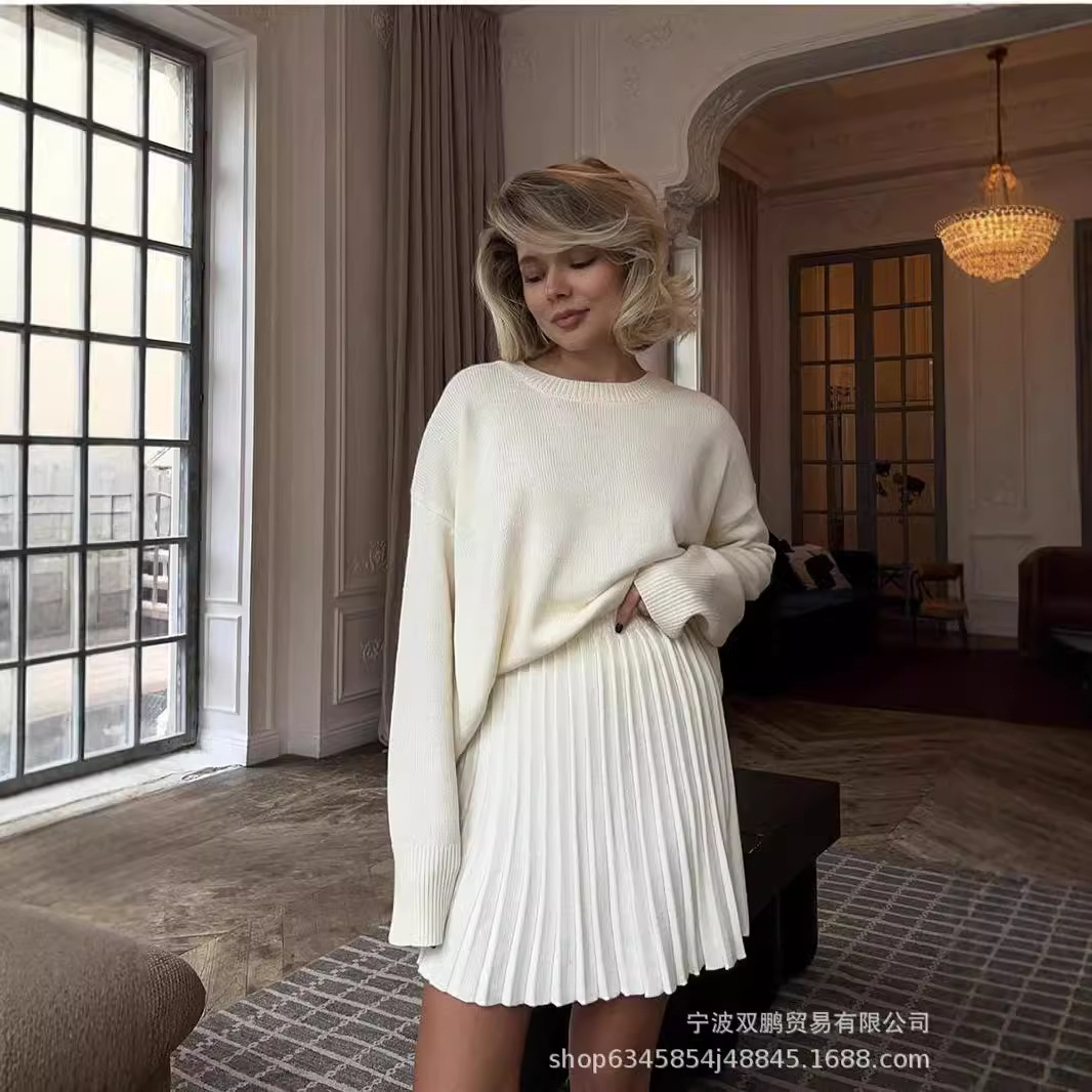Women'S Fashion Knitwear - 가을 솔리드 컬러 오-넥 스웨터 드레스