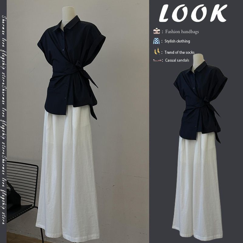 Wide Leg Palazzo Pants - 여성 여름 블랙 붕대 리본 셔츠
