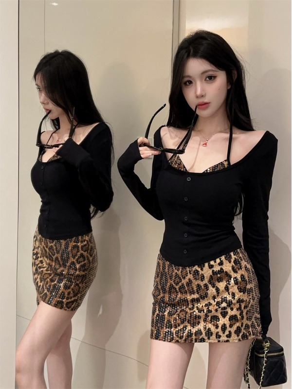 Printed Wrap Skirt - 섹시한 레오파드 프린트 랩 가슴 부분