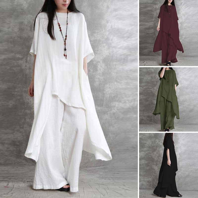 Wide Leg Palazzo Pants - 여성 코튼 린넨 투피스 세트, 운동복