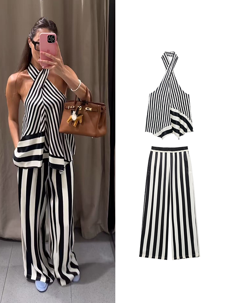 Wide Leg Palazzo Pants - TFMLN 2026 여성용 스트라이프 홀터탑 팬츠