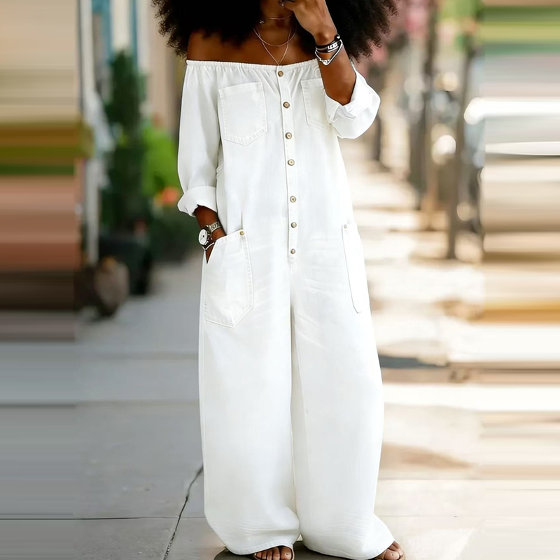 Women'S Fashion Vintage Off Shoulder Long Sleeve Jumpsuit - 우아한 오프숄더 데님 롬퍼 여성 패션