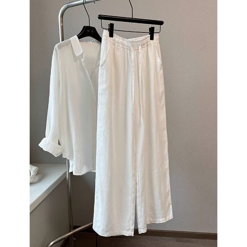 Wide Leg Palazzo Pants - 한국 화이트 코튼 린넨 와이드 레그