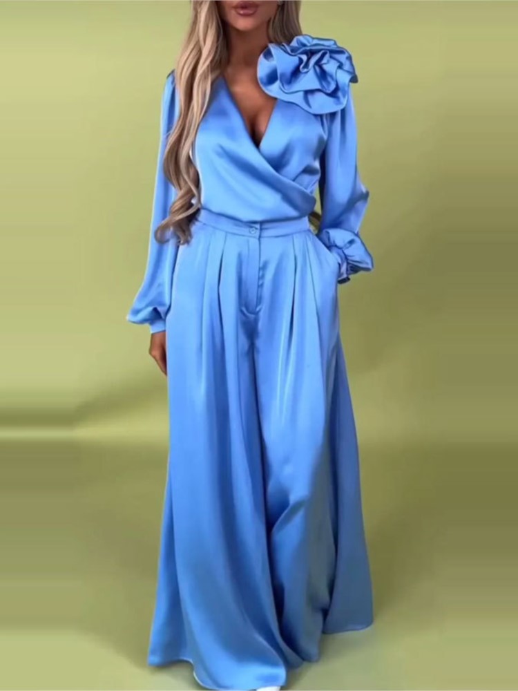 Wide Leg Palazzo Pants - 패션 솔리드 컬러 새틴 긴팔 셔츠