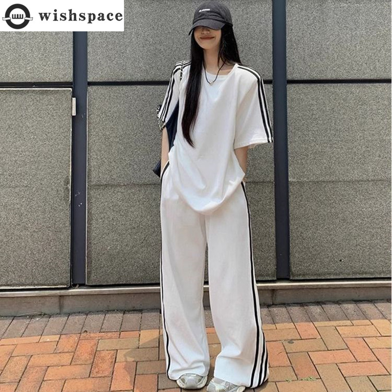 Wide Leg Palazzo Pants - 여성용 루즈 캐주얼 세트, 스트라이프 반팔