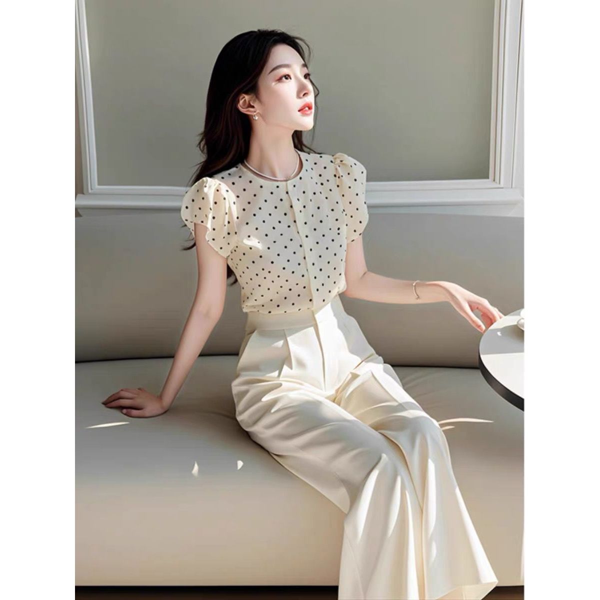 새로운 여름 우아한 여성의 두 조각 세트 오-넥 퍼프  - Wide Leg Palazzo Pants 리뷰 및 가격