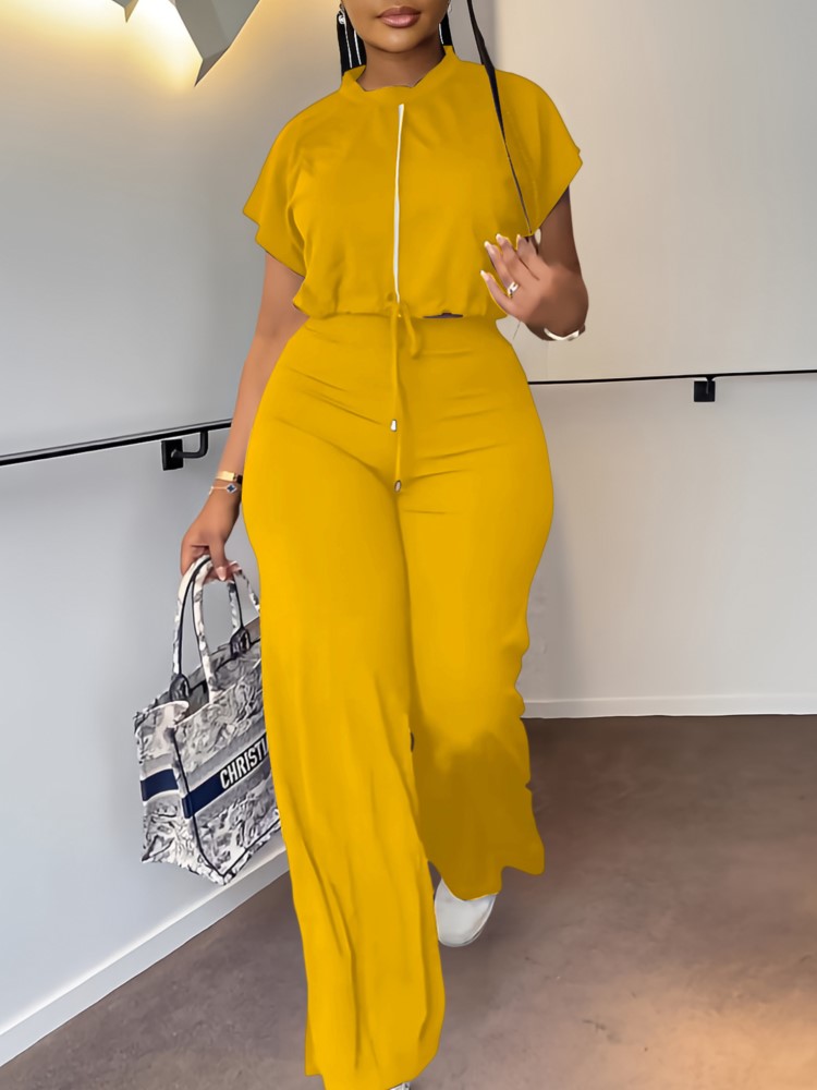 여성 캐주얼 라운드 넥 Drawstring 짧은 소매  - Wide Leg Palazzo Pants 리뷰 및 가격