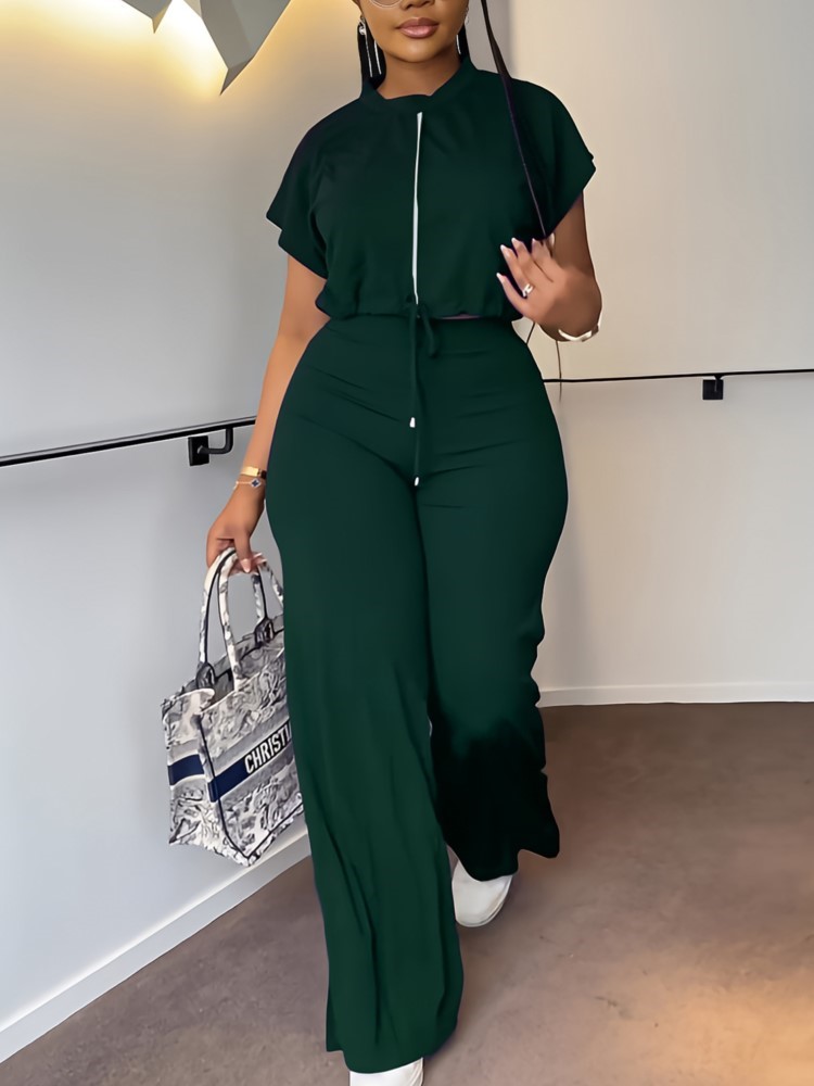 여성 캐주얼 라운드 넥 Drawstring 짧은 소매  - Wide Leg Palazzo Pants 리뷰 및 가격