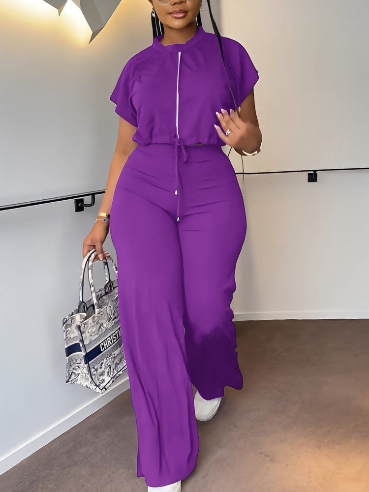 여성 캐주얼 라운드 넥 Drawstring 짧은 소매  - Wide Leg Palazzo Pants 리뷰 및 가격