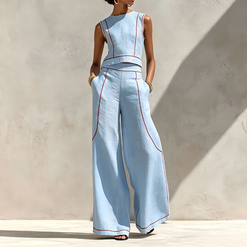 빈티지 스트라이프 프린트 투피스 수트 여성 민소매 크롭 - Wide Leg Palazzo Pants 리뷰 및 가격