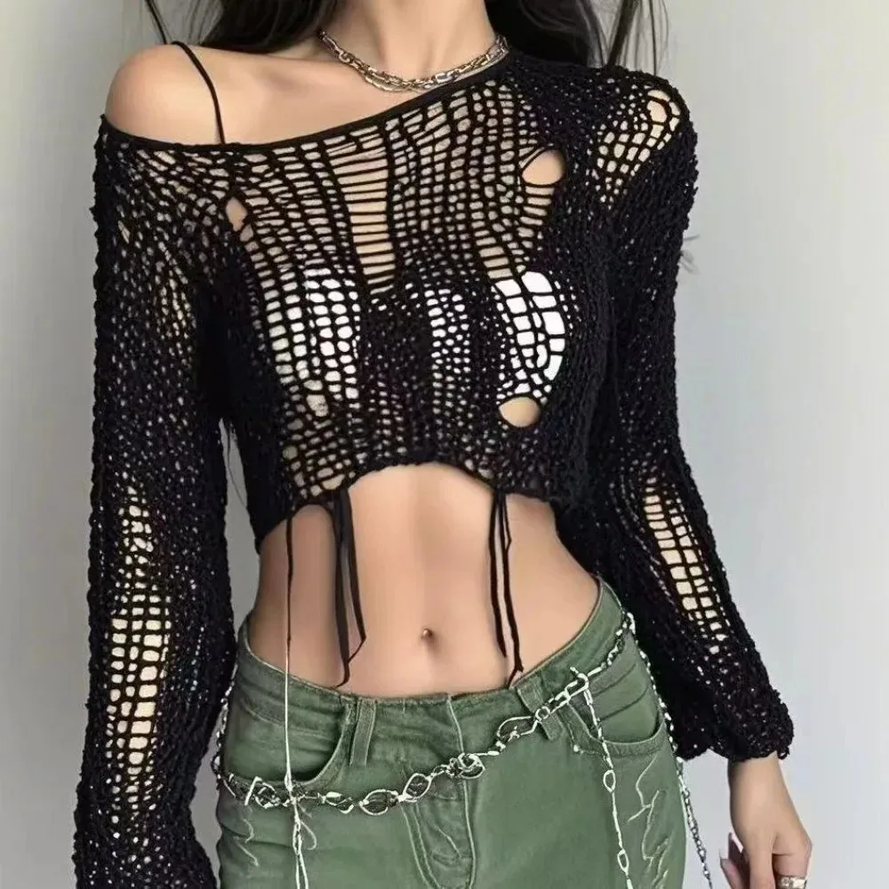 크롭 홀 스웨터 섹시 갸루 홀로우 아웃 니트 풀오버 고 - Women'S Fashion Knitwear 리뷰 및 가격