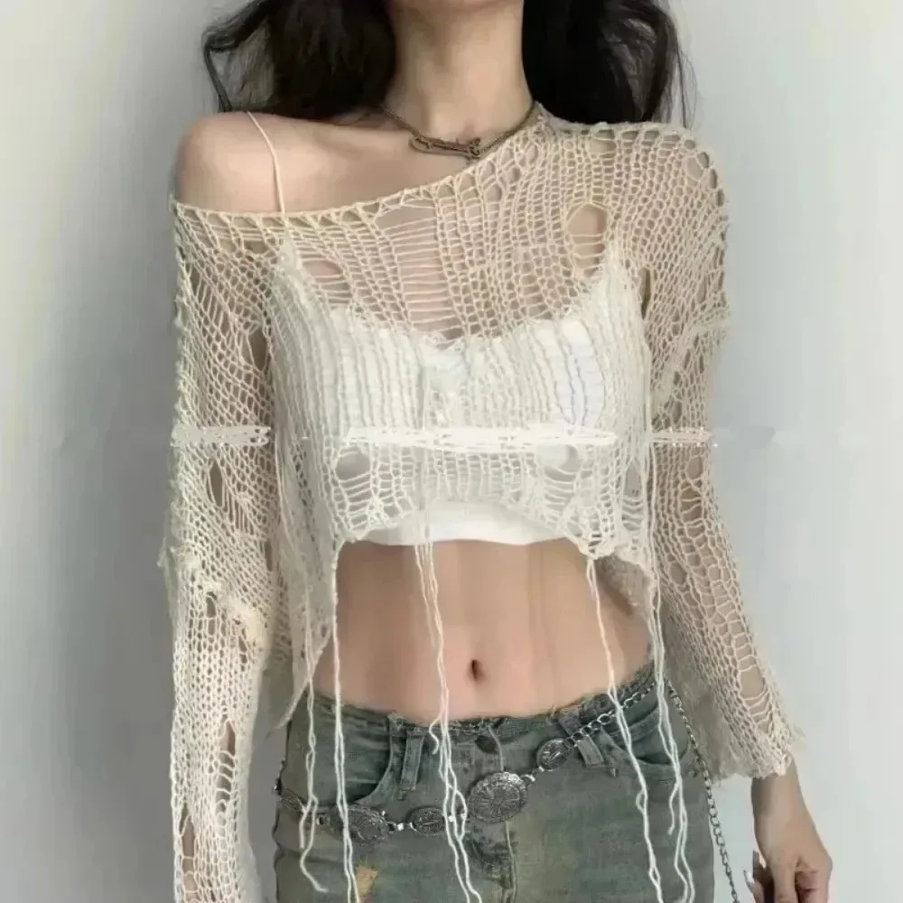 크롭 홀 스웨터 섹시 갸루 홀로우 아웃 니트 풀오버 고 - Women'S Fashion Knitwear 리뷰 및 가격