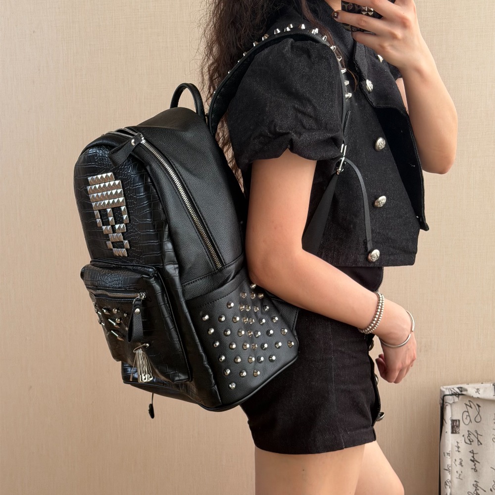 오리지널 블랙 악어 패턴 해골 리벳 백팩 핀 장식 스트 - Women'S Fashion Trends 리뷰 및 가격