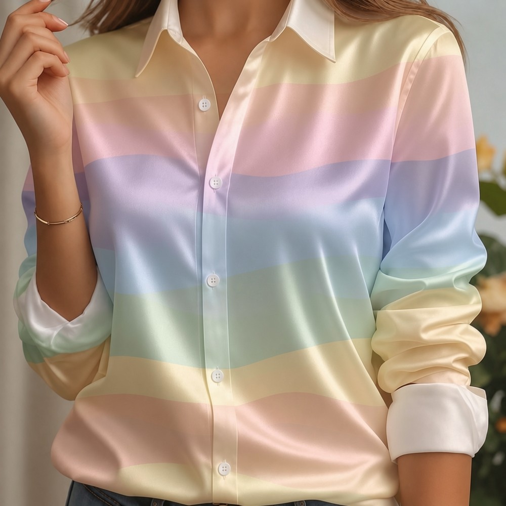 여성용 새틴 라펠 칼라 셔츠 파스텔 스트라이프 프린트  - Women'S Fashion Trends 리뷰 및 가격