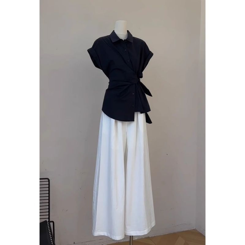 여성 여름 블랙 붕대 리본 셔츠 화이트 와이드 레그 팬 - Wide Leg Palazzo Pants 리뷰 및 가격
