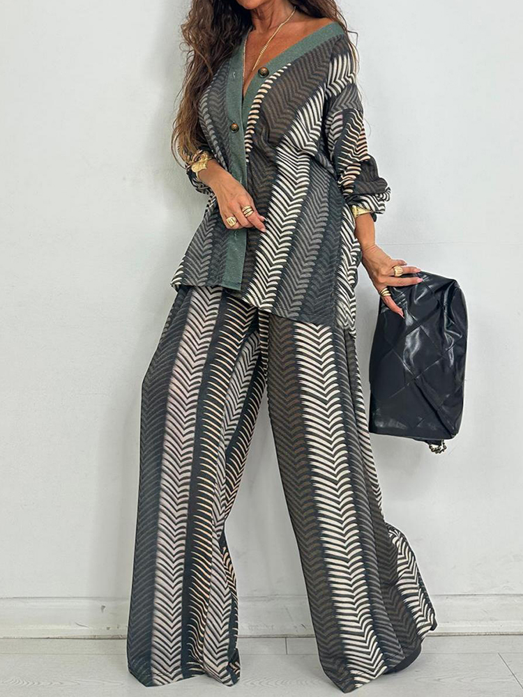 새로운 시크 V넥 긴팔 프린팅 홀리데이 버튼 가디건 탑 - Wide Leg Palazzo Pants 리뷰 및 가격