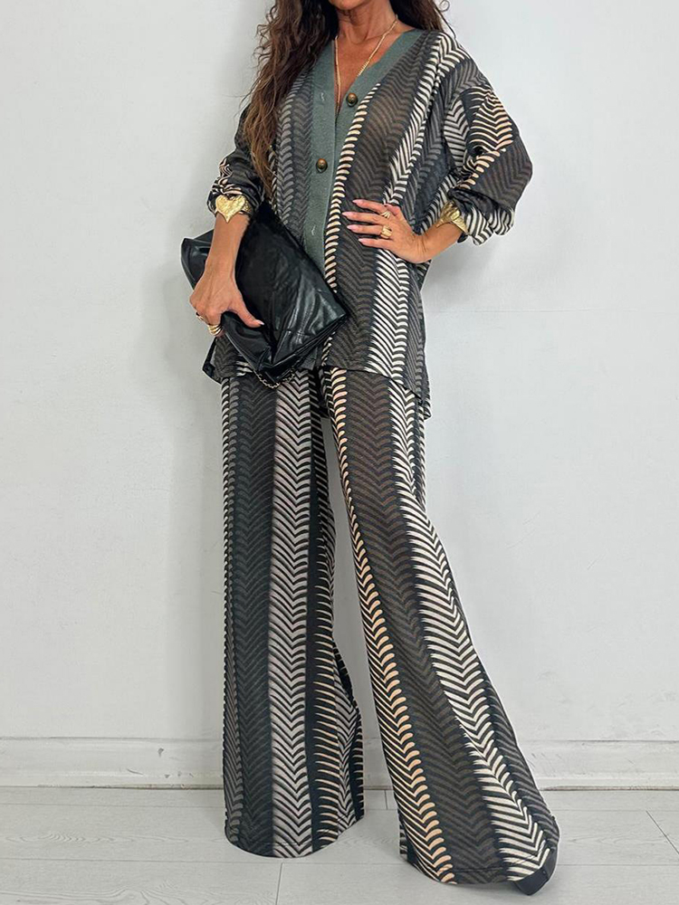 새로운 시크 V넥 긴팔 프린팅 홀리데이 버튼 가디건 탑 - Wide Leg Palazzo Pants 리뷰 및 가격