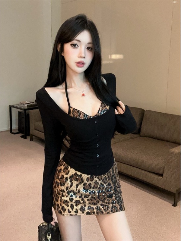 섹시한 레오파드 프린트 랩 가슴 부분 긴팔 베이스 셔츠 - Printed Wrap Skirt 리뷰 및 가격