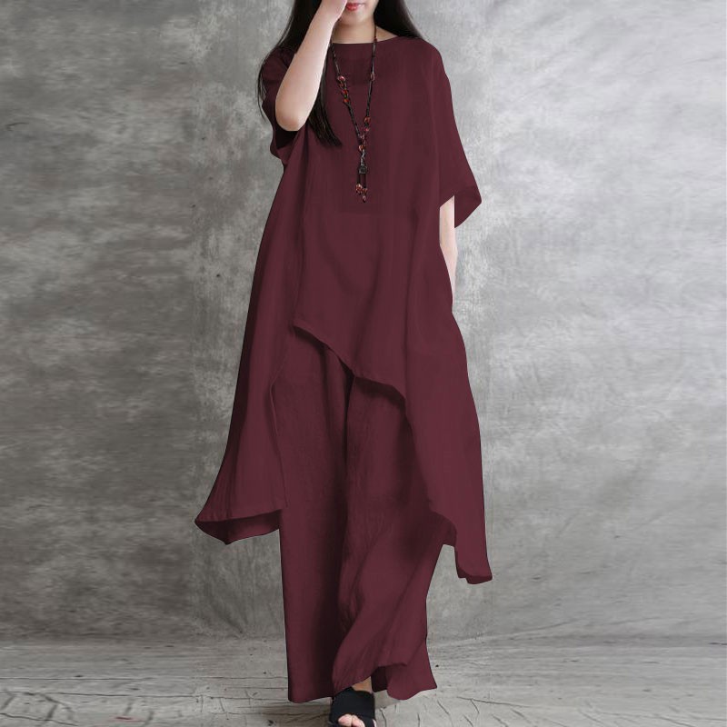 여성 코튼 린넨 투피스 세트, 운동복 세트 반팔, O- - Wide Leg Palazzo Pants 리뷰 및 가격