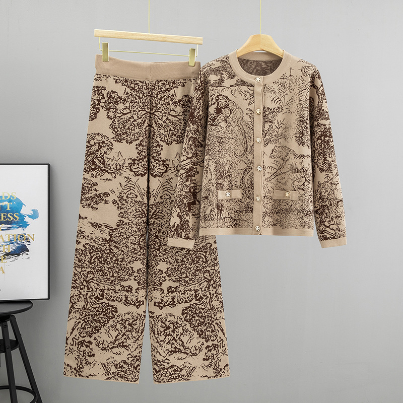 템퍼먼트 자카드 풍경화 패션 니트 세트 여성용 가을/겨 - Wide Leg Palazzo Pants 리뷰 및 가격