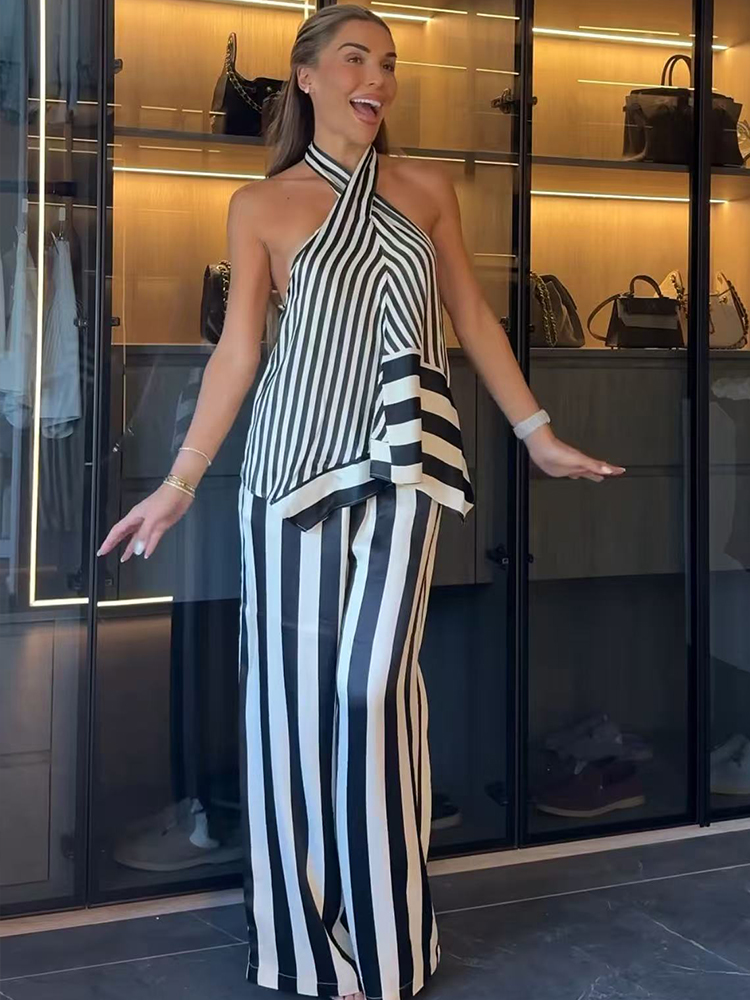 TFMLN 2026 여성용 스트라이프 홀터탑 팬츠 세트 - Wide Leg Palazzo Pants 리뷰 및 가격