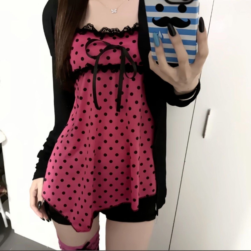 일본식 스위트 2피스 세트 여성 폴카 도트 홀터넥 베스 - Women'S Fashion Knitwear 리뷰 및 가격