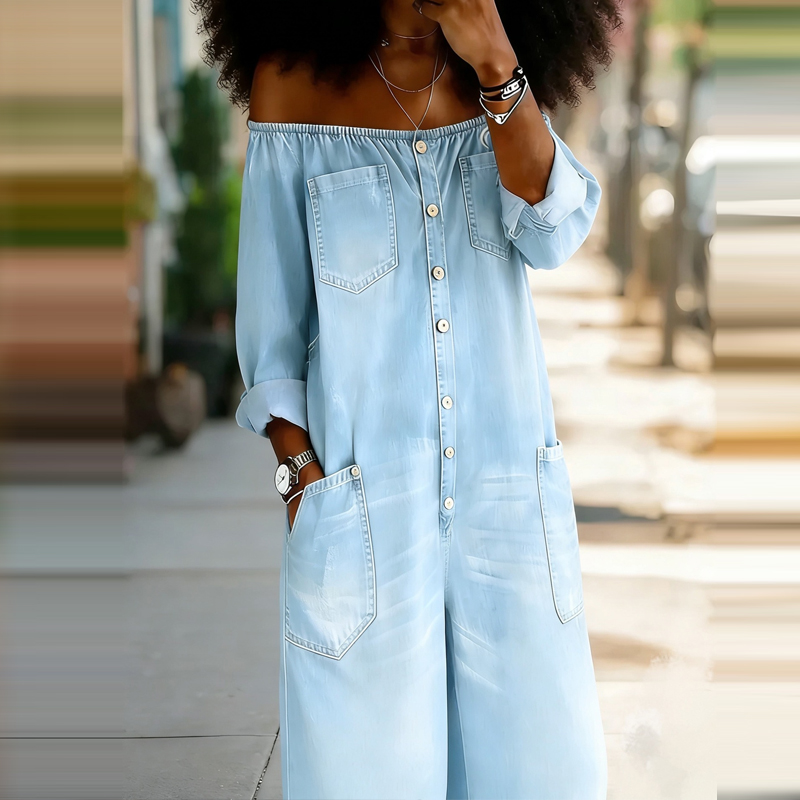 우아한 오프숄더 데님 롬퍼 여성 패션 스트리트 긴팔 루 - Women'S Fashion Vintage Off Shoulder Long Sleeve Jumpsuit 리뷰 및 가격