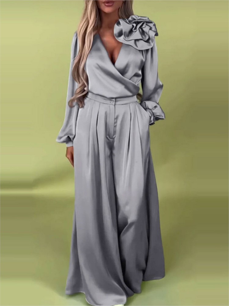 패션 솔리드 컬러 새틴 긴팔 셔츠 여성 2피스 봄 가을 - Wide Leg Palazzo Pants 리뷰 및 가격