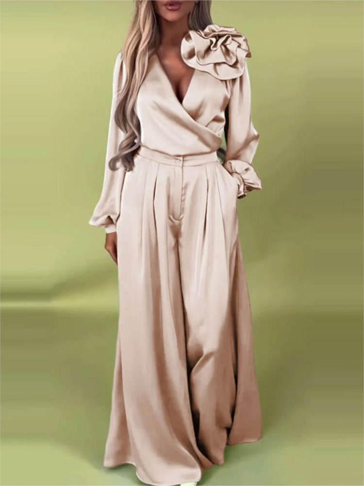 패션 솔리드 컬러 새틴 긴팔 셔츠 여성 2피스 봄 가을 - Wide Leg Palazzo Pants 리뷰 및 가격