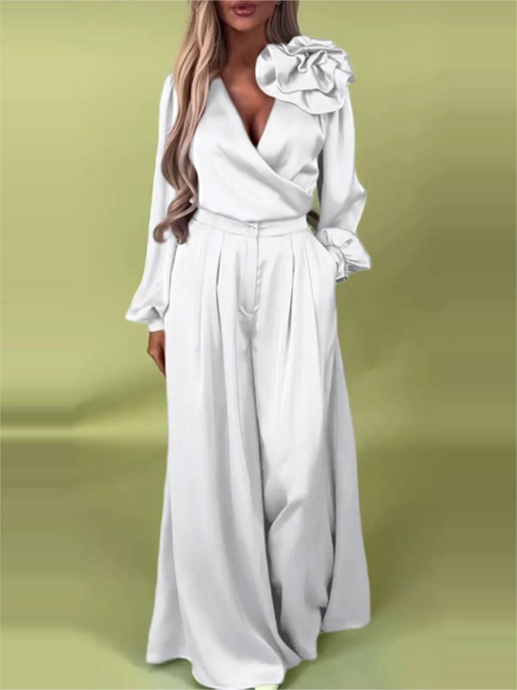 패션 솔리드 컬러 새틴 긴팔 셔츠 여성 2피스 봄 가을 - Wide Leg Palazzo Pants 리뷰 및 가격