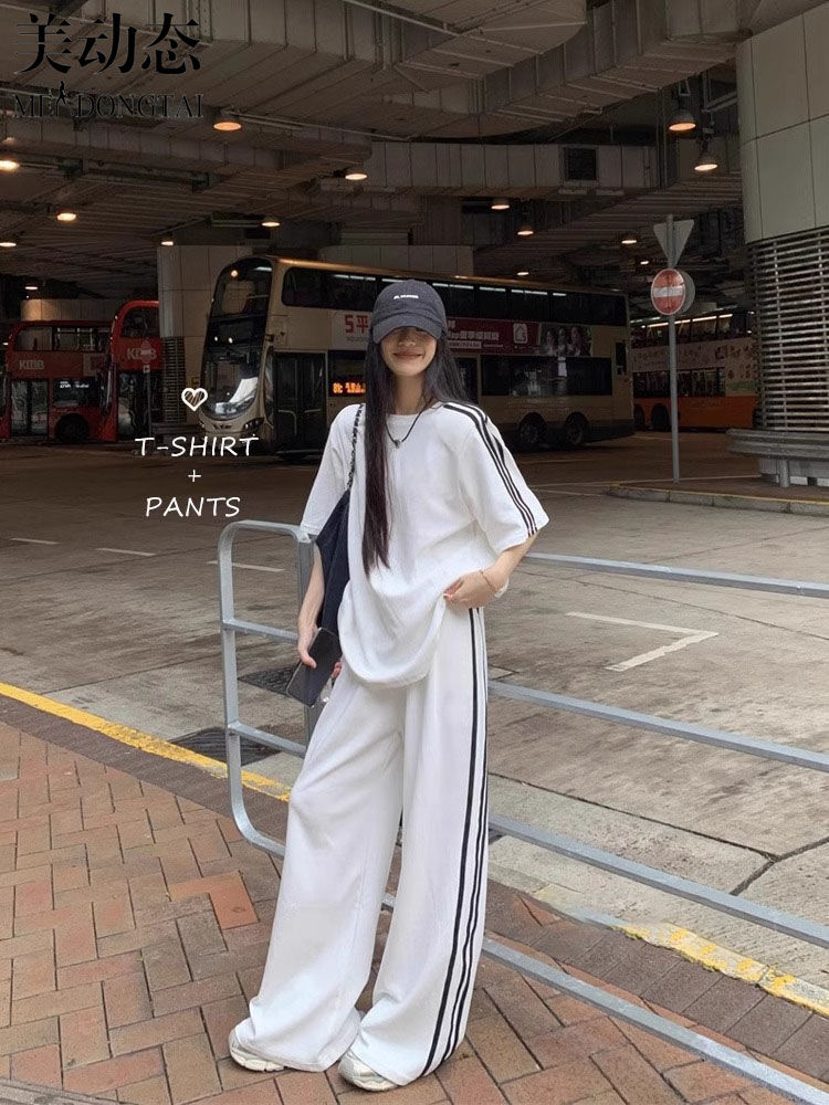 여성용 루즈 캐주얼 세트, 스트라이프 반팔 티셔츠, 바 - Wide Leg Palazzo Pants 리뷰 및 가격