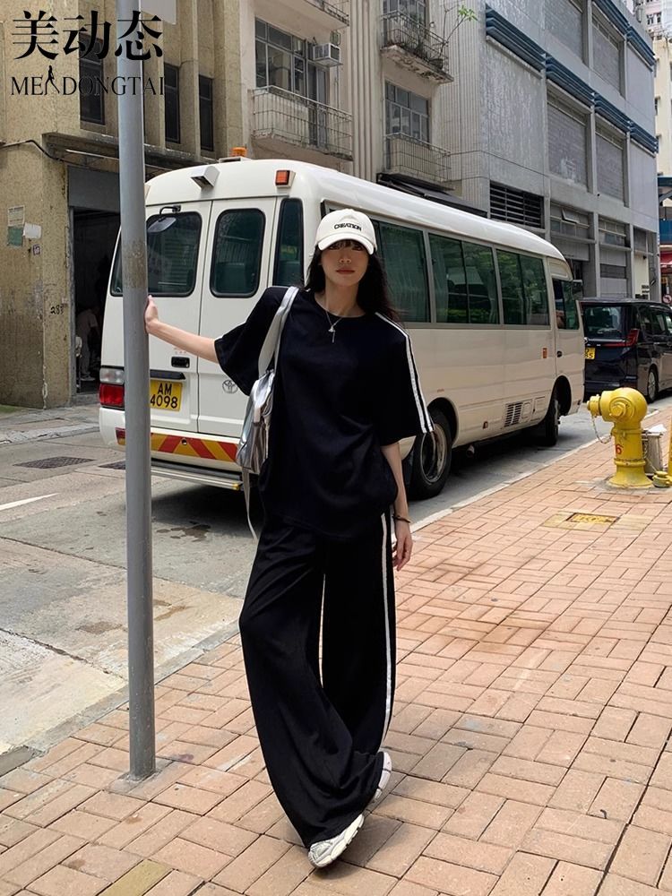 여성용 루즈 캐주얼 세트, 스트라이프 반팔 티셔츠, 바 - Wide Leg Palazzo Pants 리뷰 및 가격