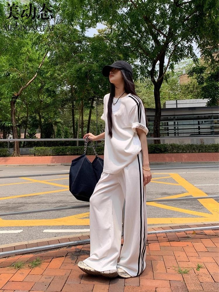 여성용 루즈 캐주얼 세트, 스트라이프 반팔 티셔츠, 바 - Wide Leg Palazzo Pants 리뷰 및 가격